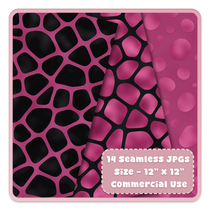 Pink giraffe print seamless digital paper backgrounds with black animal spots for scrapbooking, crafts, and printable designs.