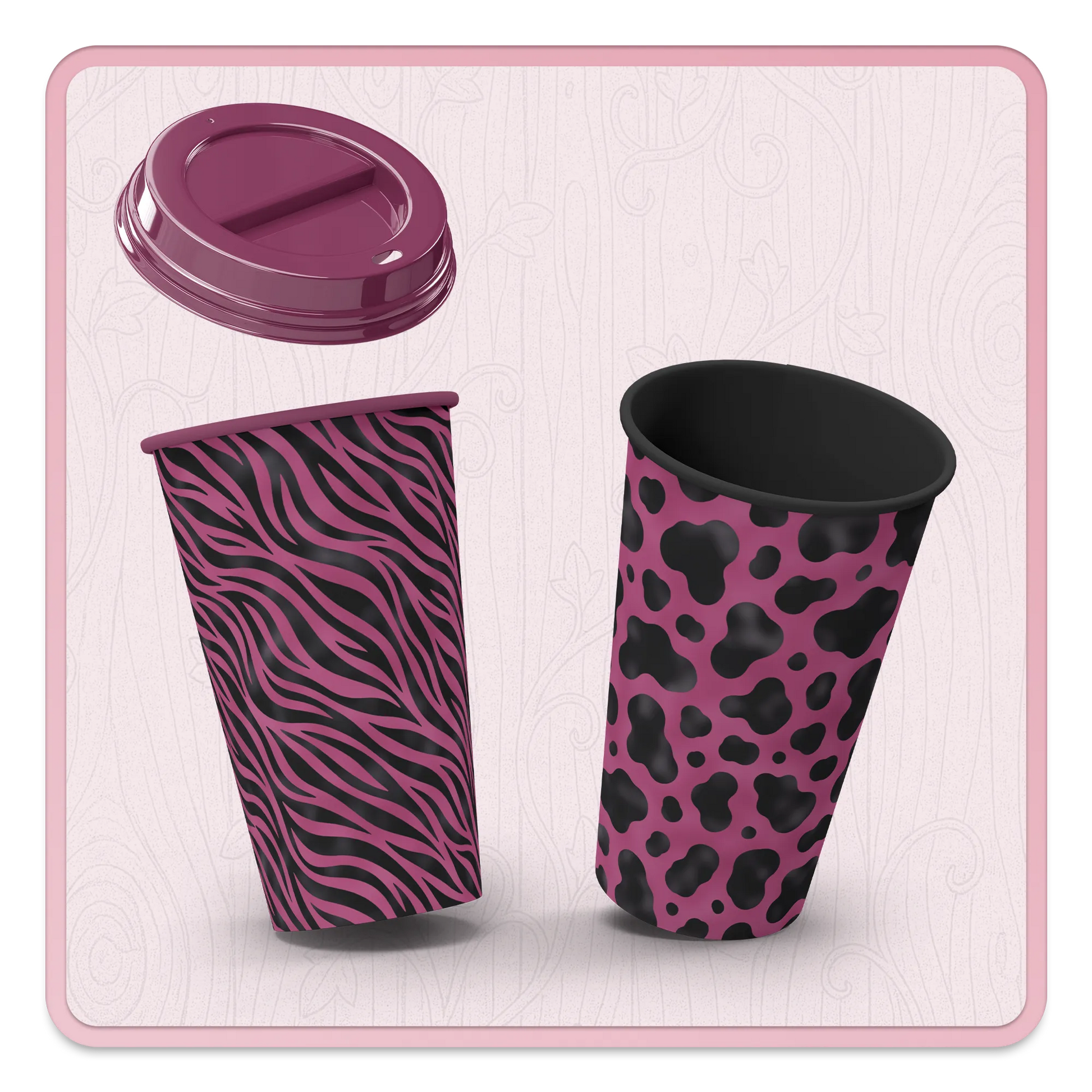 Pink animal print seamless pattern mockup on coffee cups featuring zebra and cow digital paper designs.