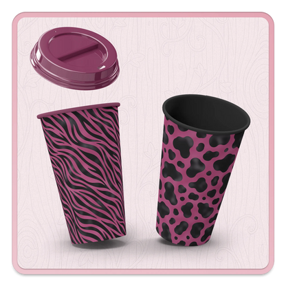 Pink animal print seamless pattern mockup on coffee cups featuring zebra and cow digital paper designs.