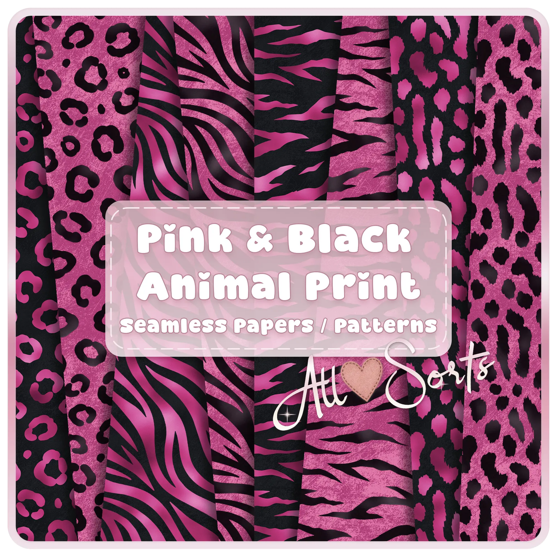 Pink and black animal print seamless patterns bundle featuring leopard, zebra, and abstract designs digital paper preview