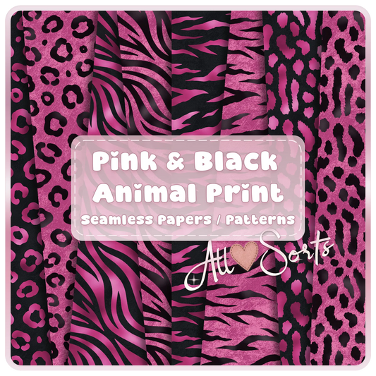 Pink and black animal print seamless patterns bundle featuring leopard, zebra, and abstract designs digital paper preview