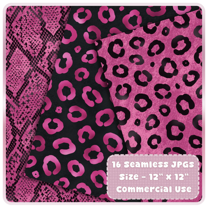 Close-up of pink leopard print seamless digital paper with black background high resolution pattern texture