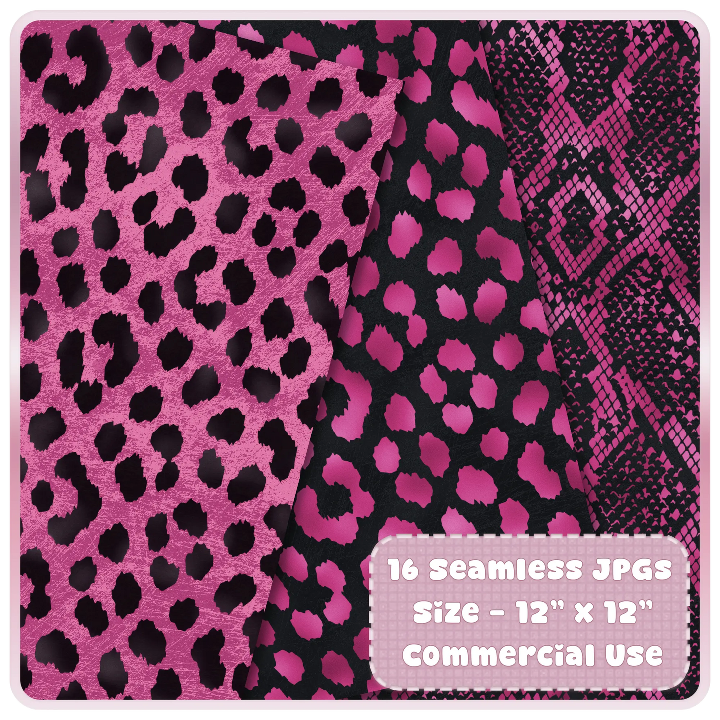 Pink and black animal print papers including leopard and snakeskin seamless patterns digital download preview