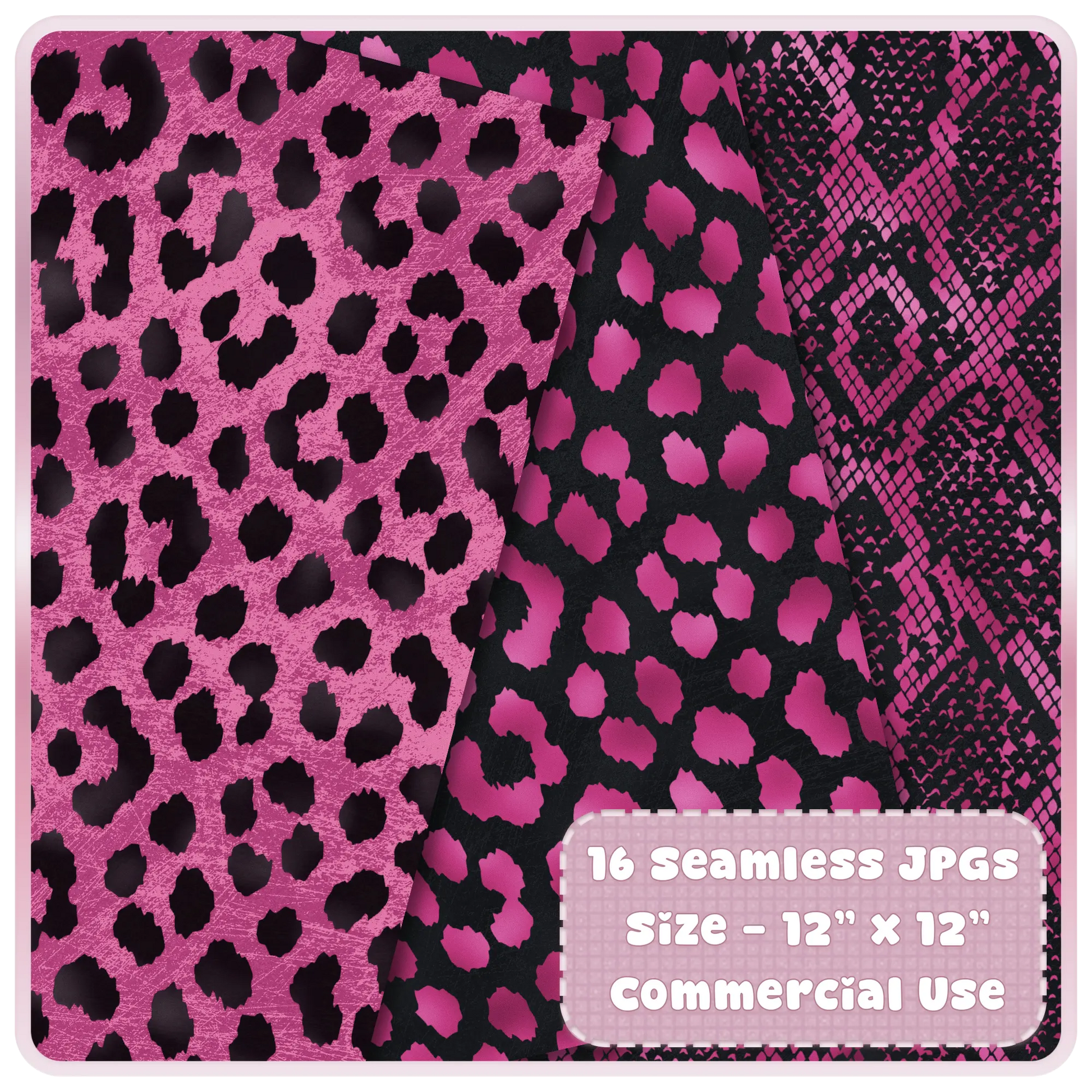 Pink and black animal print papers including leopard and snakeskin seamless patterns digital download preview