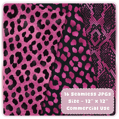 Pink and black animal print papers including leopard and snakeskin seamless patterns digital download preview