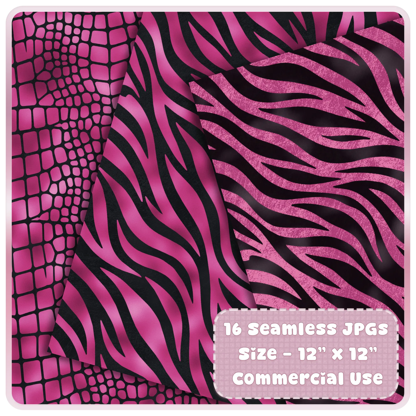 Zebra stripe pink and black seamless pattern digital paper set with bold animal print textures