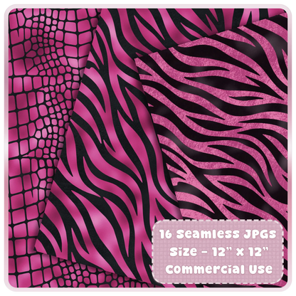 Zebra stripe pink and black seamless pattern digital paper set with bold animal print textures