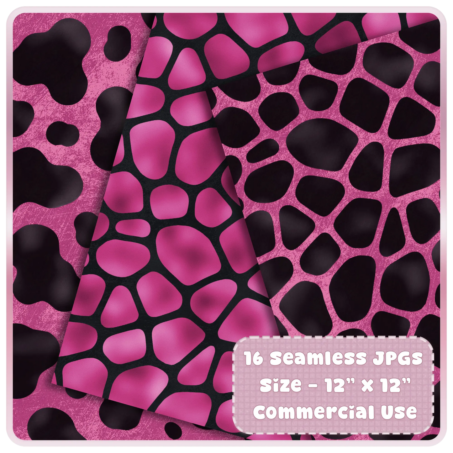 Abstract giraffe and animal print seamless patterns in pink and black digital paper bundle