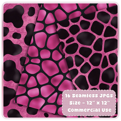Abstract giraffe and animal print seamless patterns in pink and black digital paper bundle