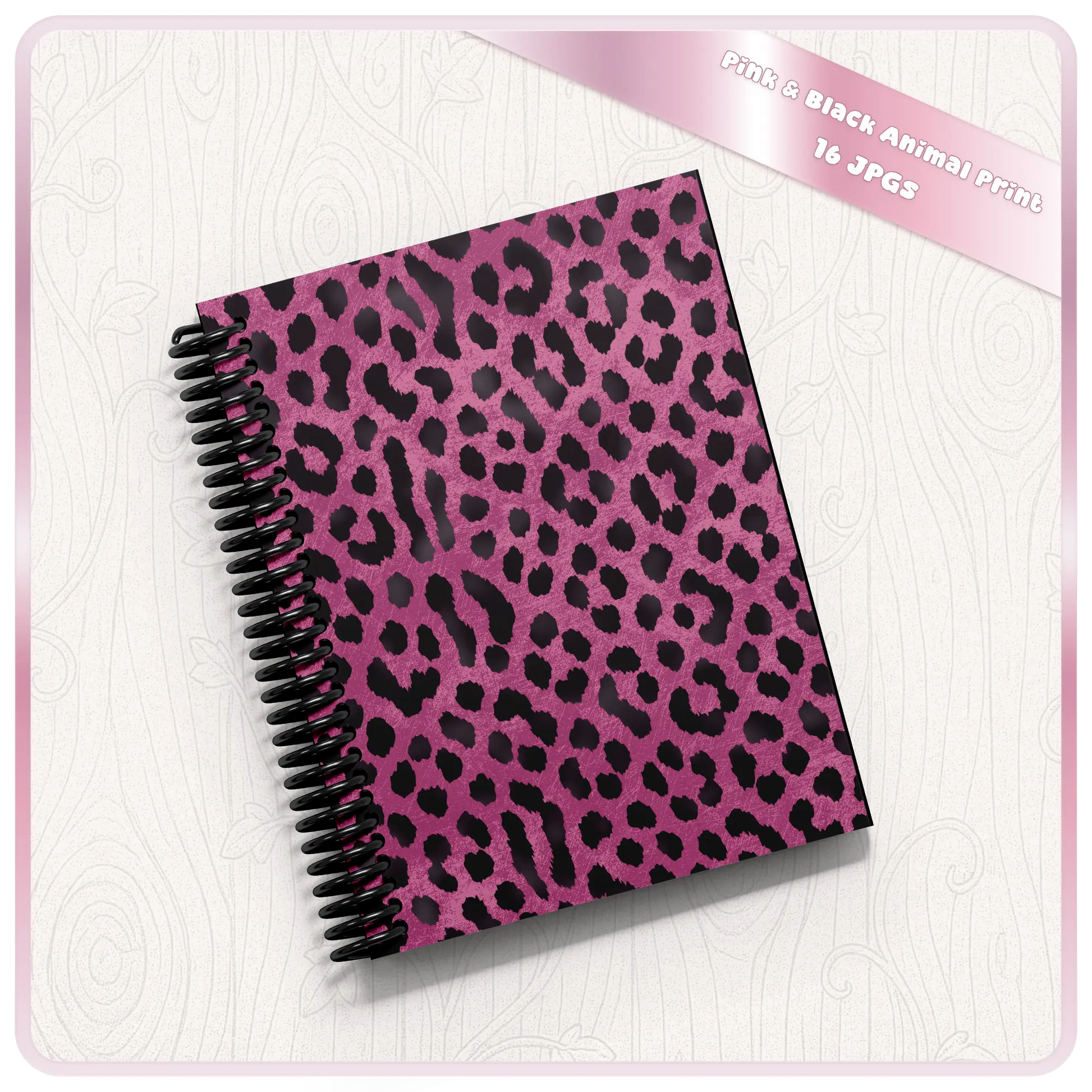 Pink and black animal print notebook cover mockup using seamless leopard pattern digital paper
