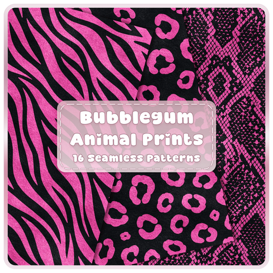 Bubblegum Noir pink and black animal print seamless patterns featuring zebra, leopard and snakeskin digital papers