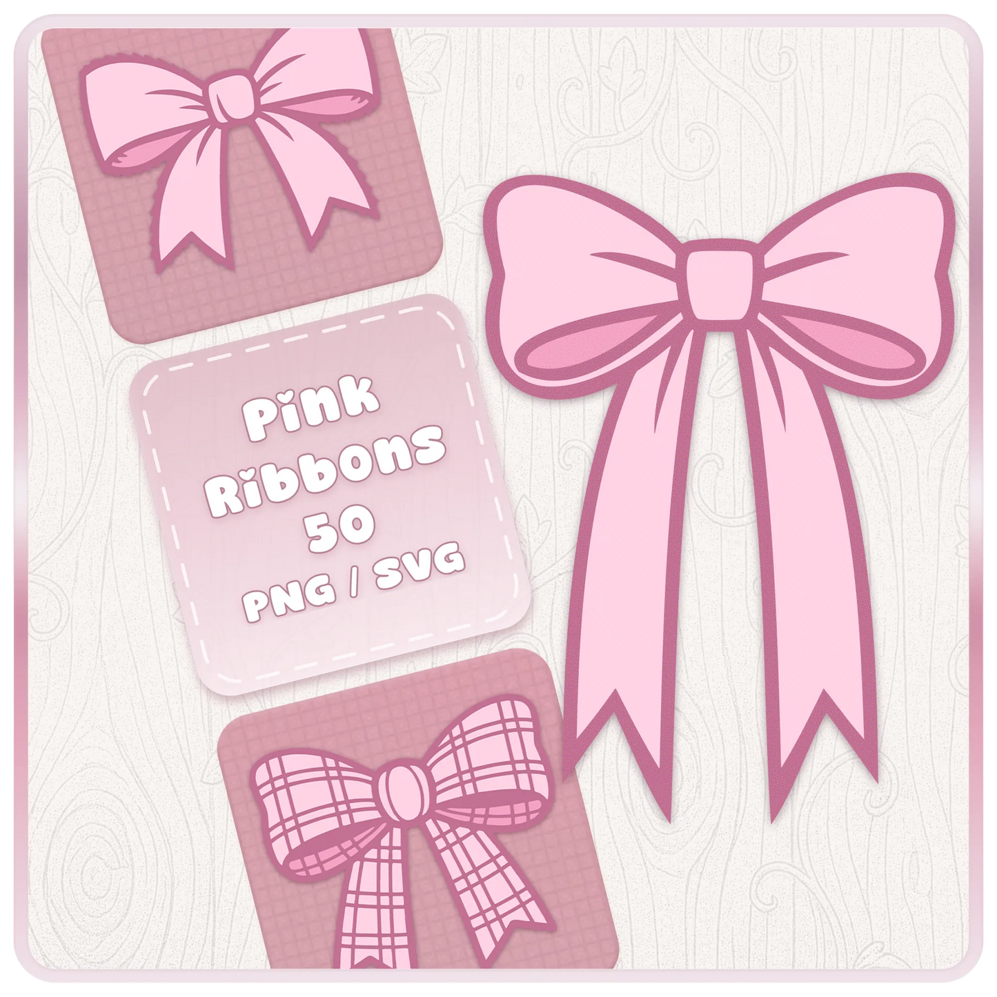 Pink bow and ribbon SVG PNG bundle cover showing soft pink ribbon clipart designs for Cricut, Silhouette, stickers, sublimation and paper crafts.