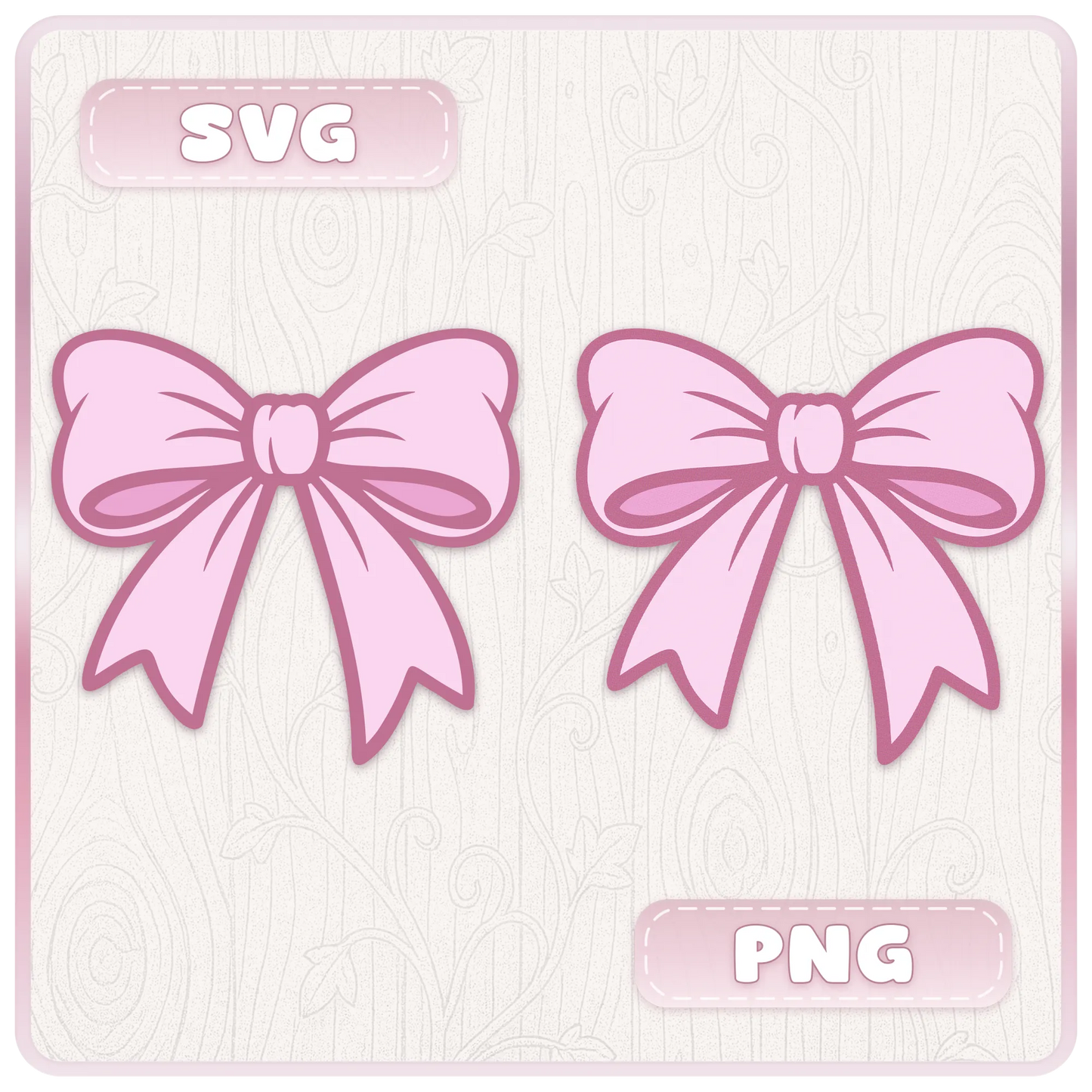 Pink ribbon SVG and PNG preview showing two bow clipart designs with transparent background file options for digital craft projects.