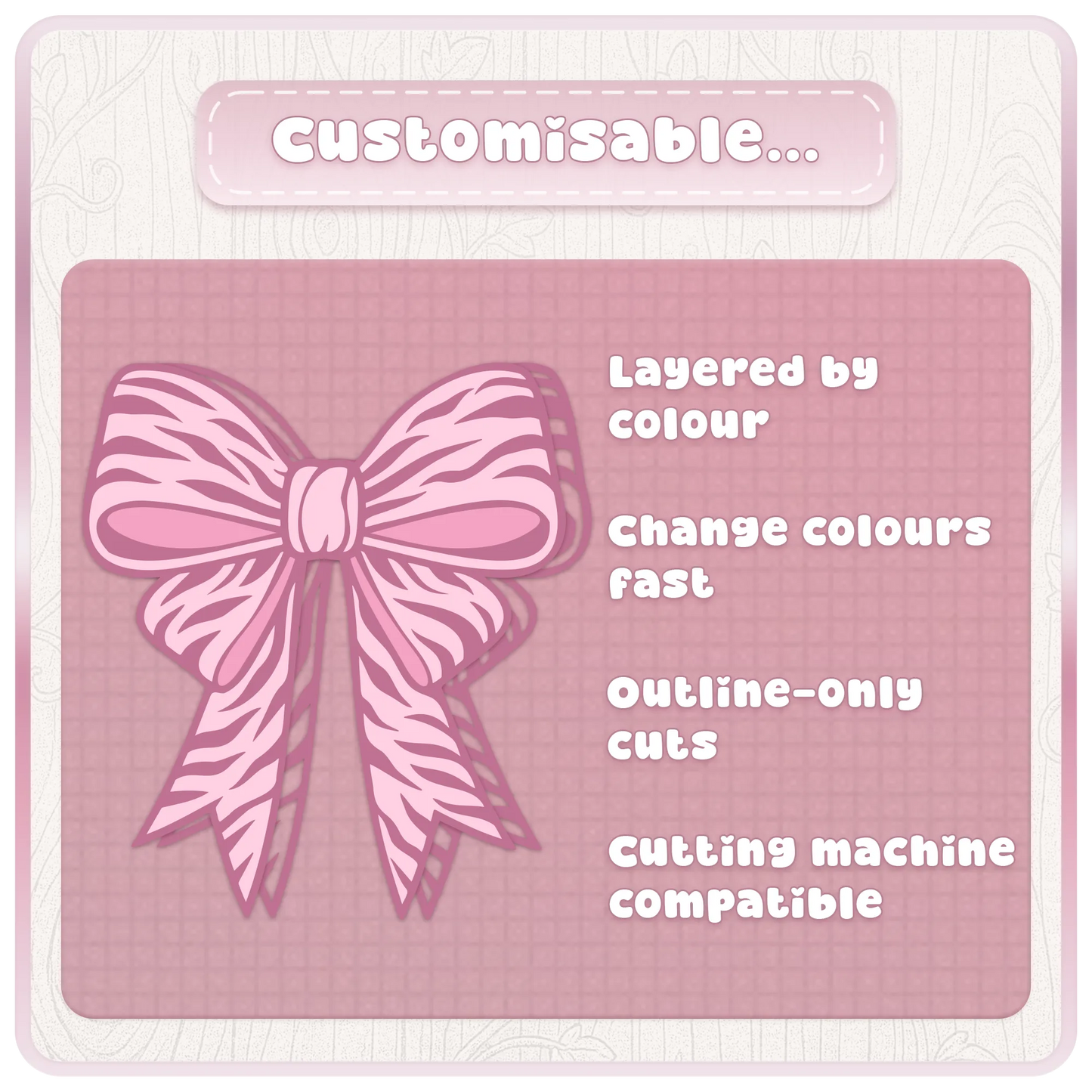 Customisable pink bow SVG preview showing layered ribbon cut file features for Cricut, Silhouette and colour-editable craft designs.