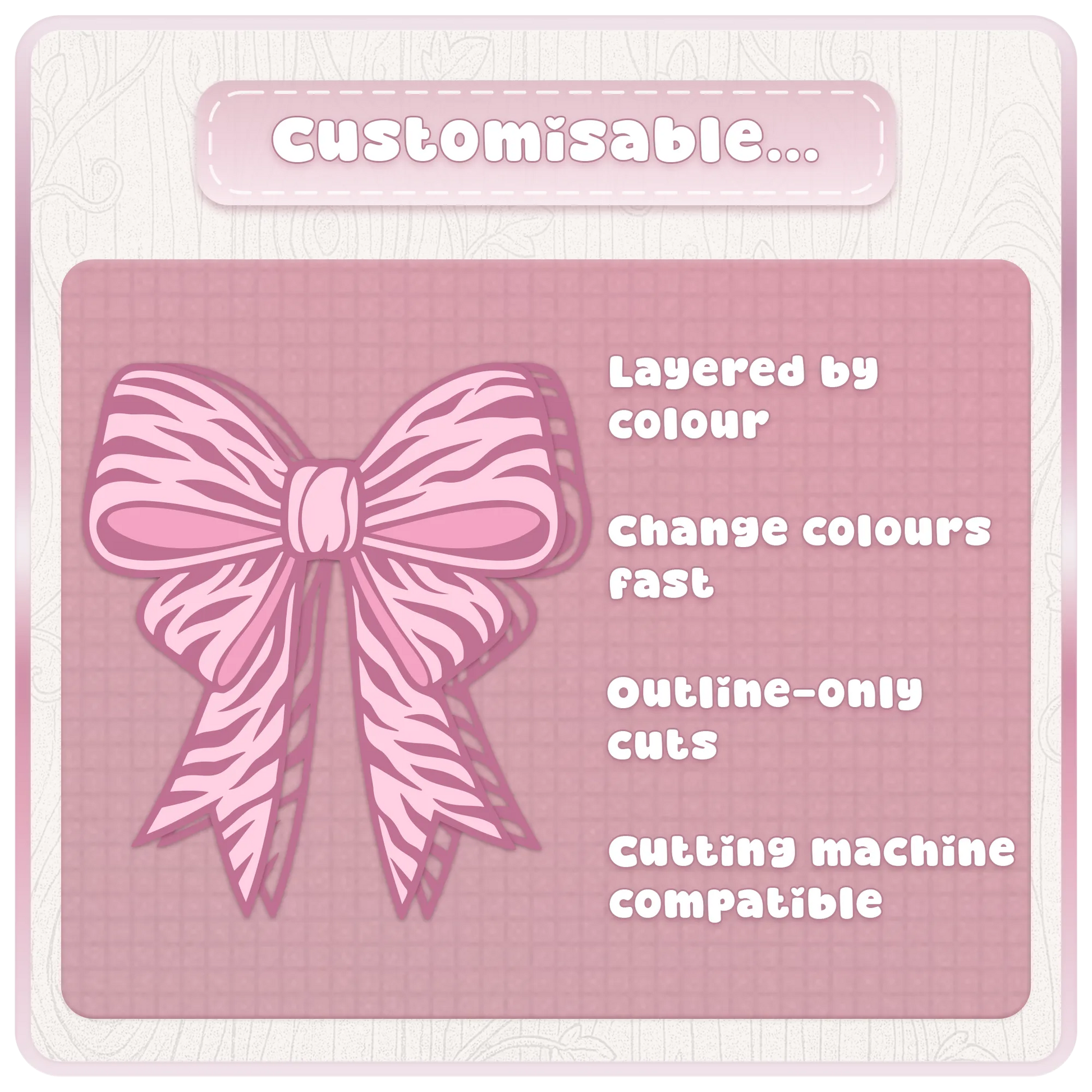 Customisable pink bow SVG preview showing layered ribbon cut file features for Cricut, Silhouette and colour-editable craft designs.