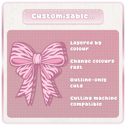 Customisable pink bow SVG preview showing layered ribbon cut file features for Cricut, Silhouette and colour-editable craft designs.