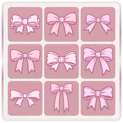 Pink bow clipart bundle preview showing nine soft pink ribbon SVG designs for stickers, scrapbooking, card making and digital crafts.
