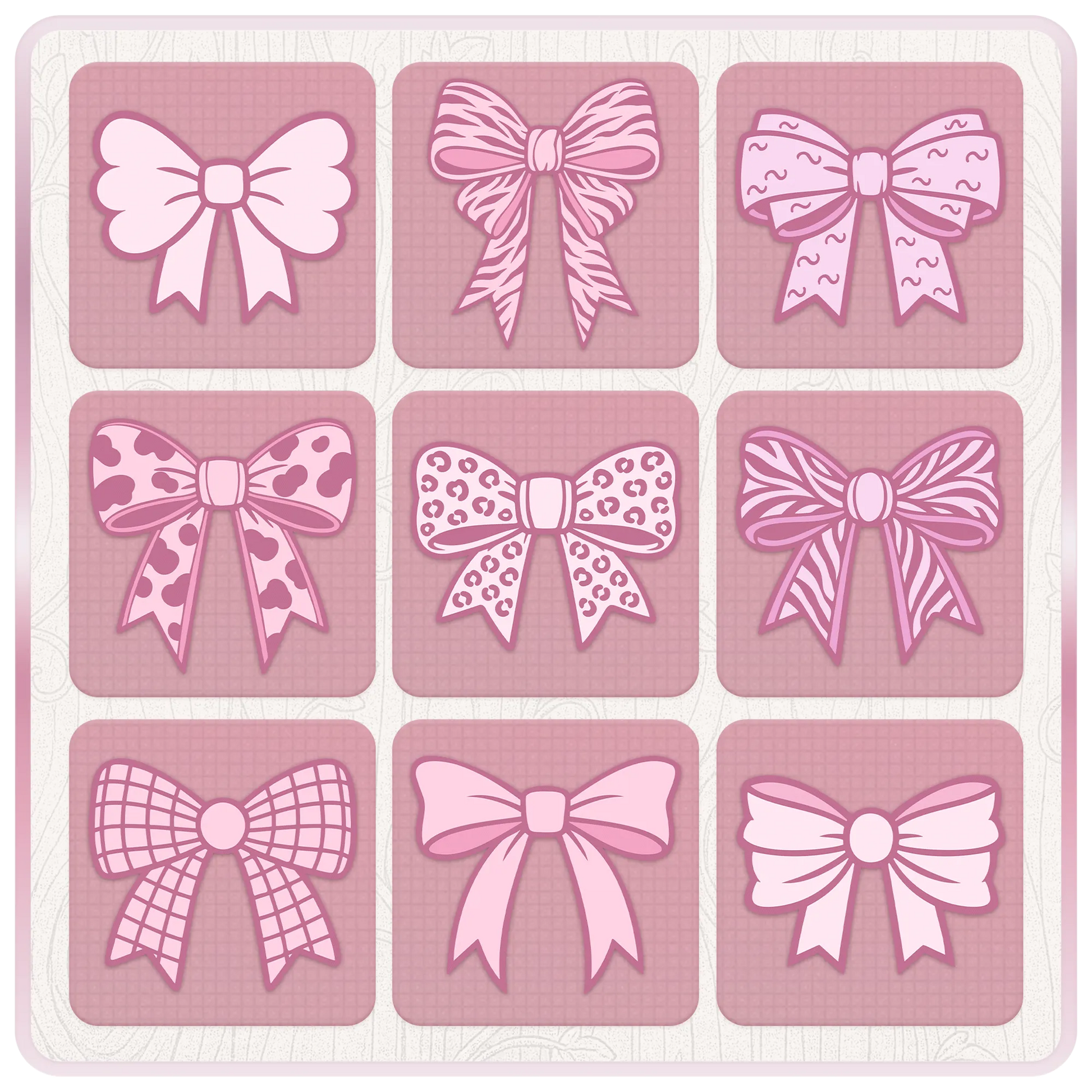 Assorted pink ribbon SVG bundle preview with patterned bow clipart including plaid, leopard, cow print, striped and decorative ribbon designs.