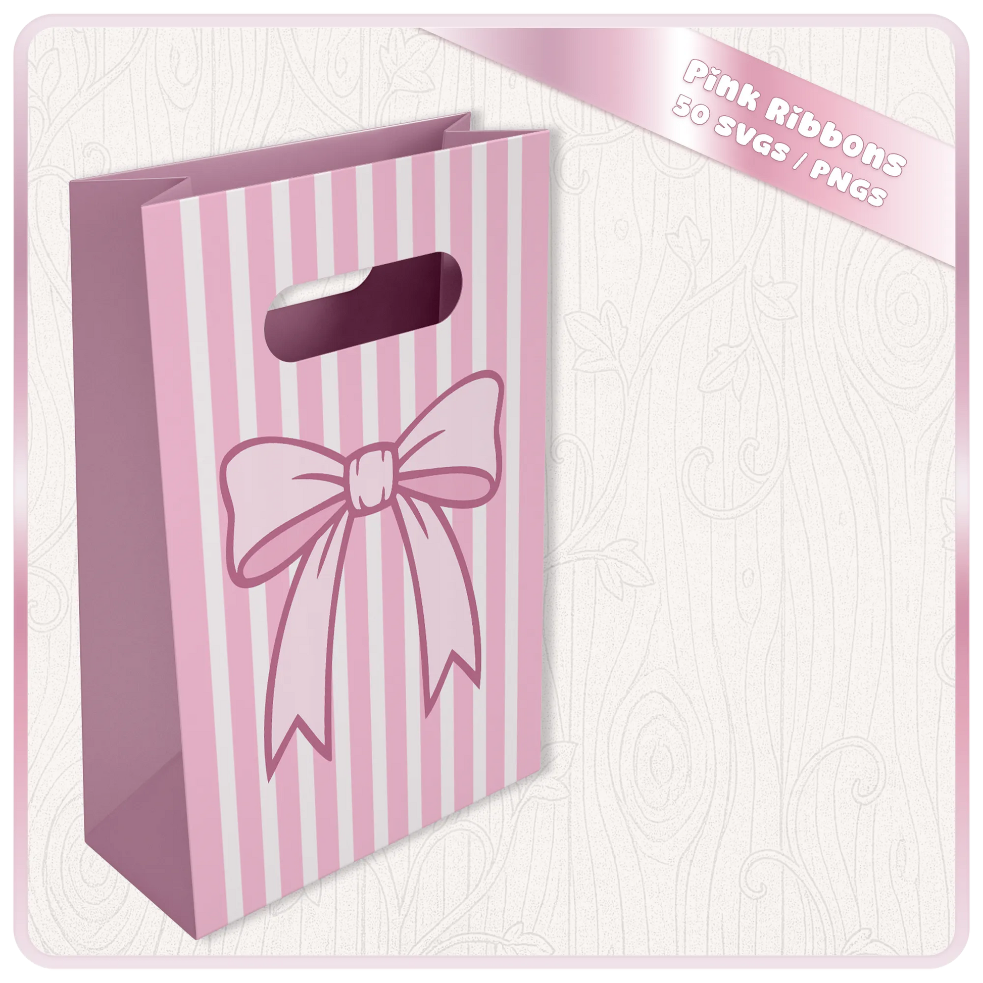 Pink ribbon PNG and SVG mockup on striped gift bag showing bow design for packaging, boutique branding, paper crafts and printable decor.