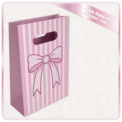 Pink ribbon PNG and SVG mockup on striped gift bag showing bow design for packaging, boutique branding, paper crafts and printable decor.