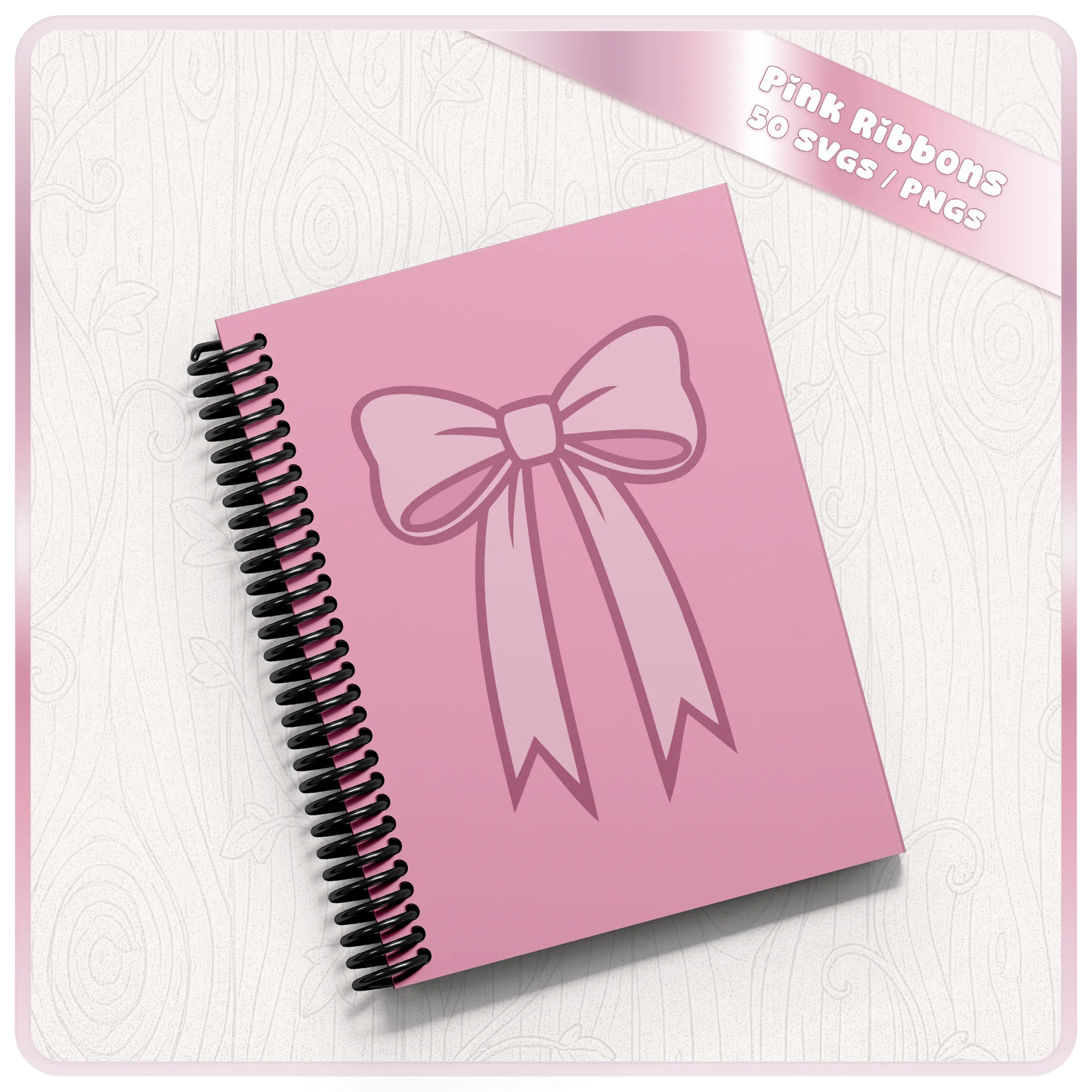 Pink bow SVG mockup on spiral notebook showing soft ribbon design for stationery, planner covers, stickers and printable craft projects.