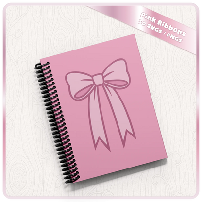 Pink bow SVG mockup on spiral notebook showing soft ribbon design for stationery, planner covers, stickers and printable craft projects.
