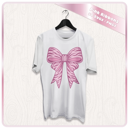 Pink ribbon SVG mockup on white t-shirt showing bow design for sublimation, apparel, Cricut vinyl and custom clothing projects.
