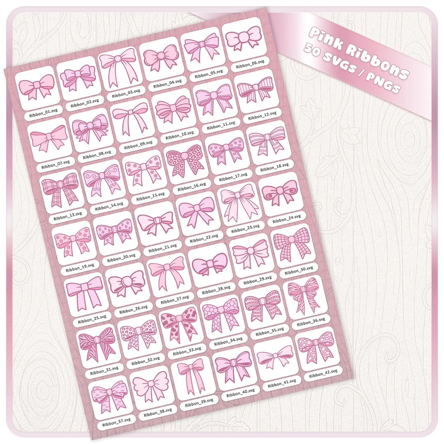 Pink bow SVG bundle contact sheet showing 50 ribbon clipart files with individual SVG designs for Cricut, Silhouette and craft downloads.