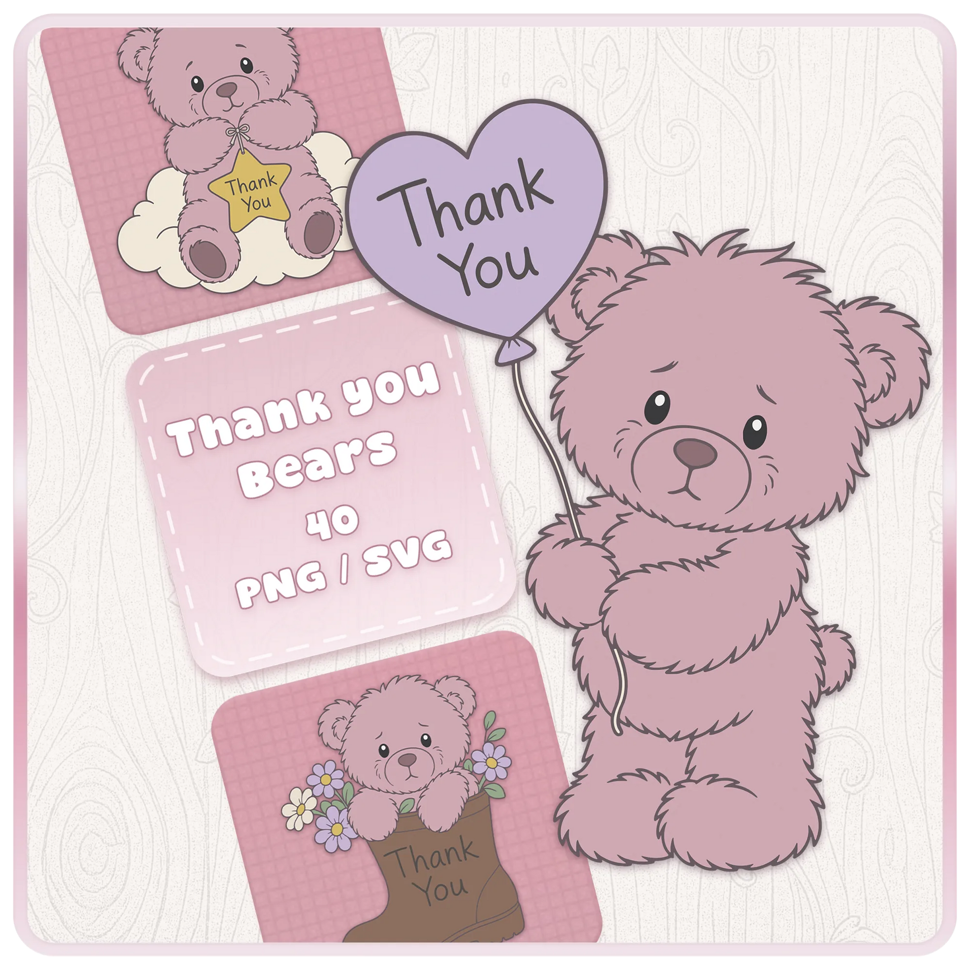 Pink Thank You Teddy Bears SVG and PNG bundle featuring 40 cute pink teddy bear clipart designs for Cricut, Silhouette, sublimation and thank you gift crafting projects