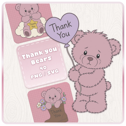 Pink Thank You Teddy Bears SVG and PNG bundle featuring 40 cute pink teddy bear clipart designs for Cricut, Silhouette, sublimation and thank you gift crafting projects
