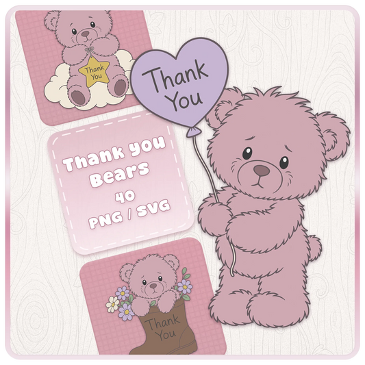 Pink Thank You Teddy Bears SVG and PNG bundle featuring 40 cute pink teddy bear clipart designs for Cricut, Silhouette, sublimation and thank you gift crafting projects