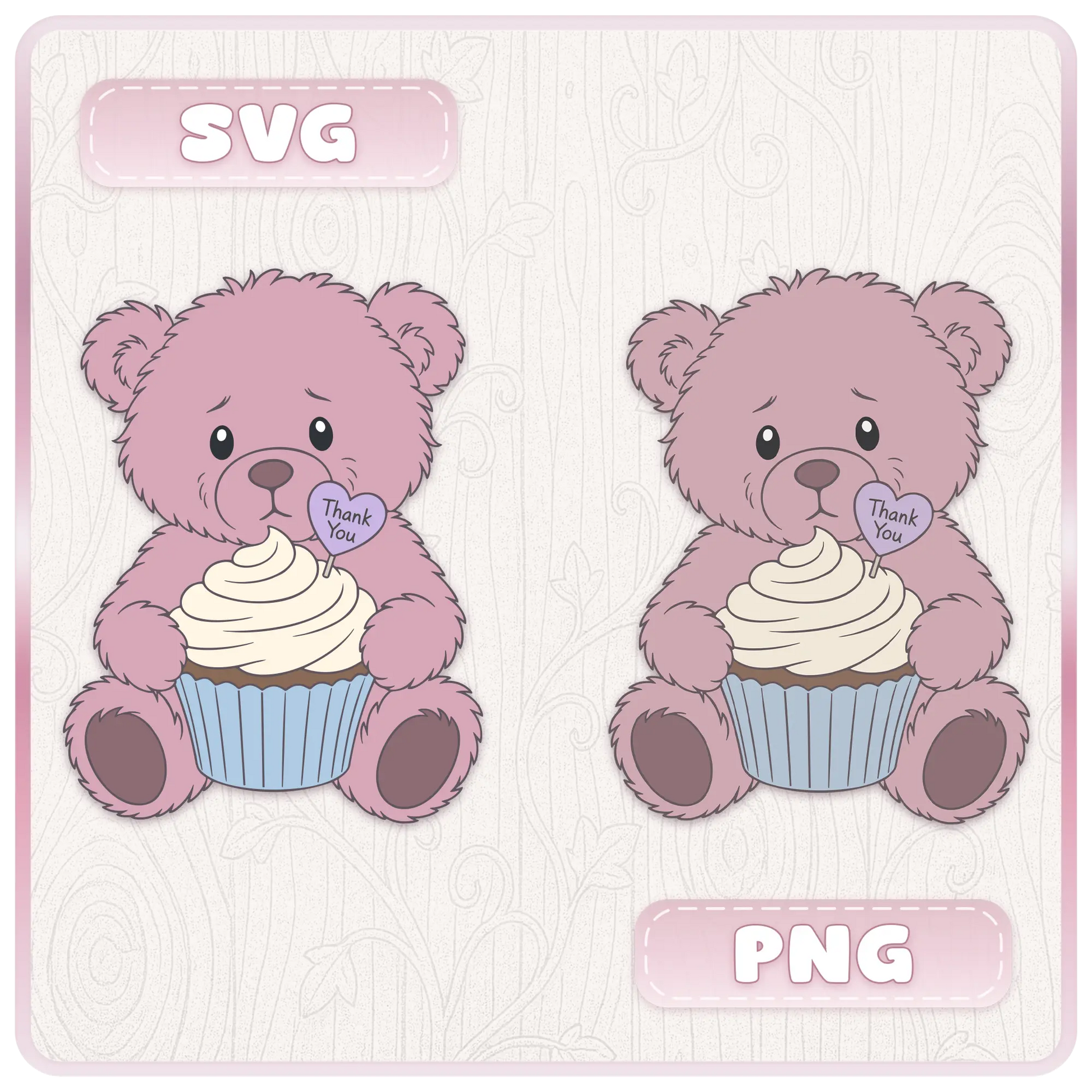 Pink teddy bear holding thank you cupcake SVG and PNG clipart design with layered SVG files and transparent PNG formats for digital crafting