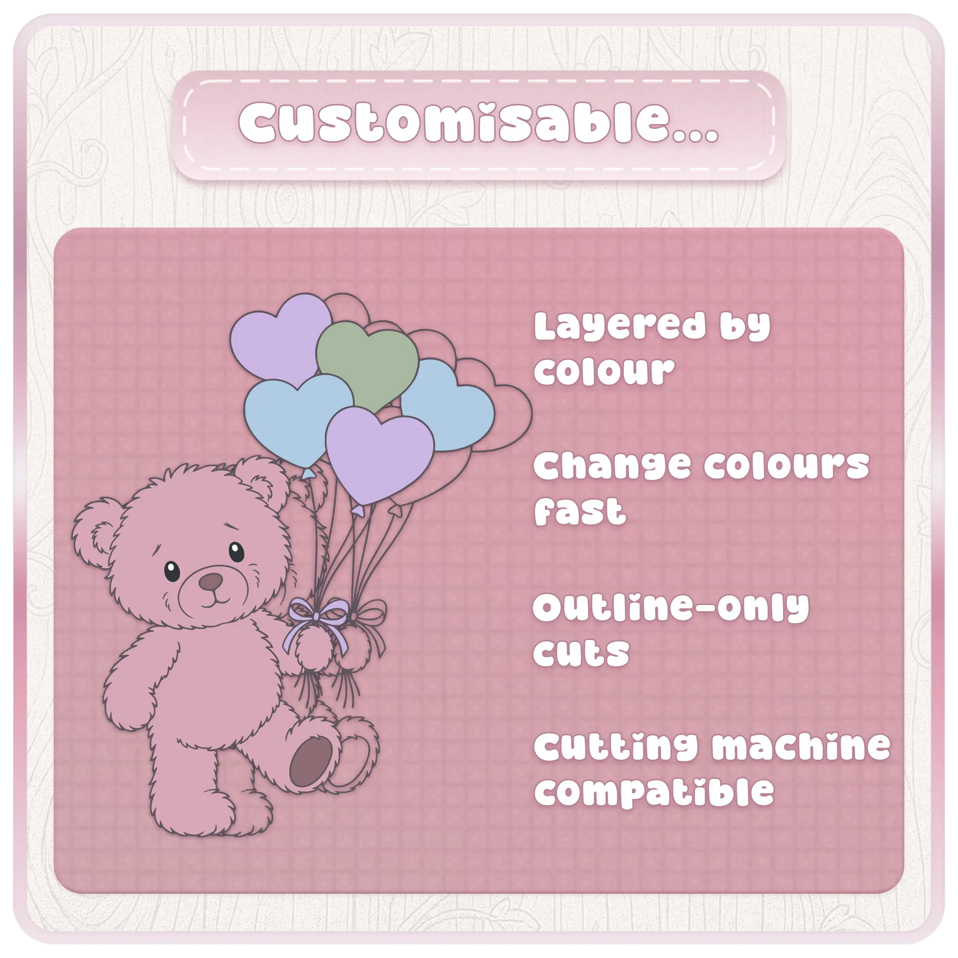 Customisable pink teddy bear SVG bundle featuring layered colour SVG files, outline cut files and cutting machine compatible designs