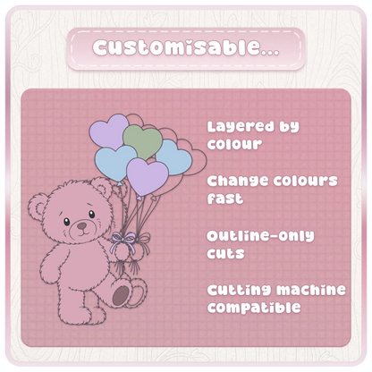 Customisable pink teddy bear SVG bundle featuring layered colour SVG files, outline cut files and cutting machine compatible designs