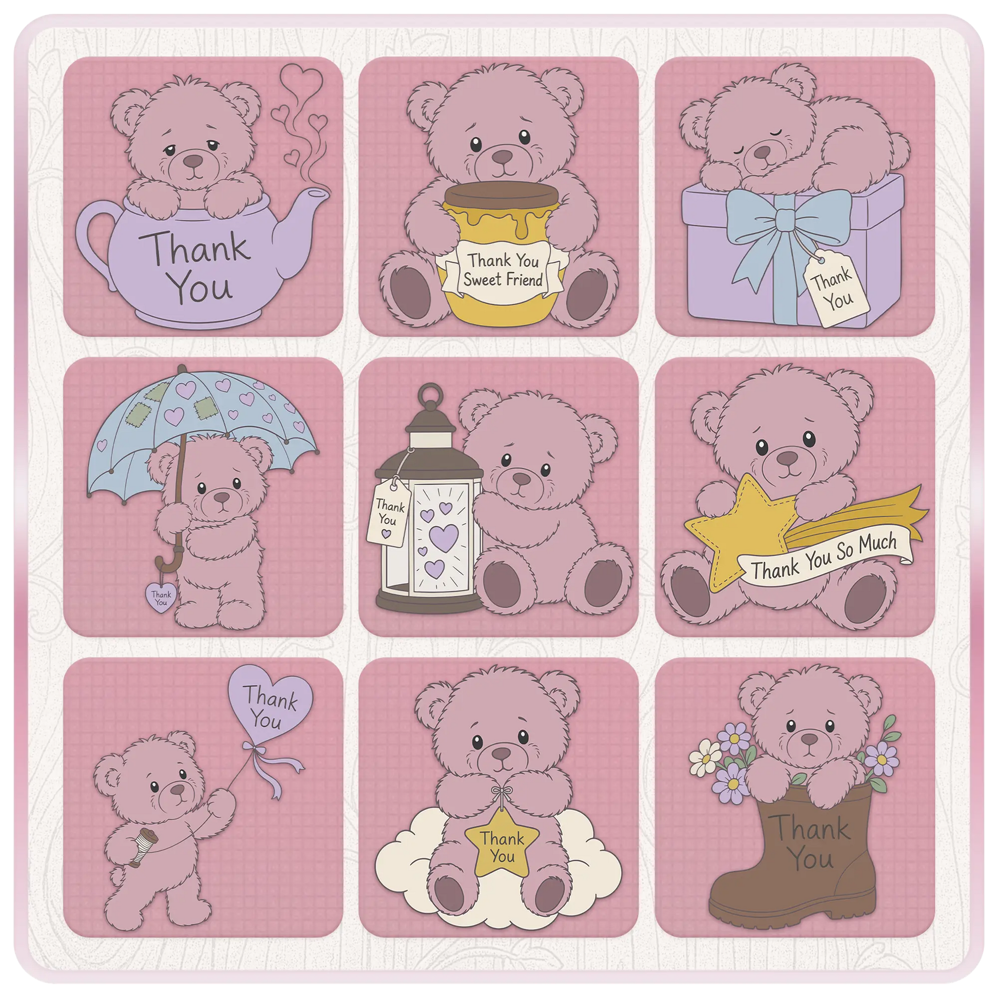 Pink teddy bear thank you SVG collection featuring teapot, friendship gift, thank you lantern, umbrella, appreciation star and floral boot clipart designs