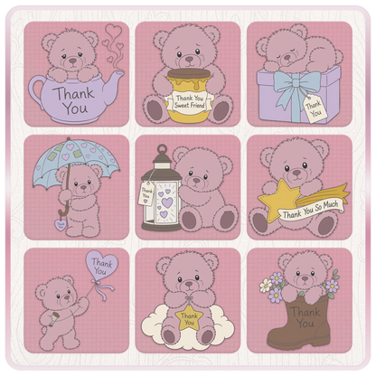 Pink teddy bear thank you SVG collection featuring teapot, friendship gift, thank you lantern, umbrella, appreciation star and floral boot clipart designs