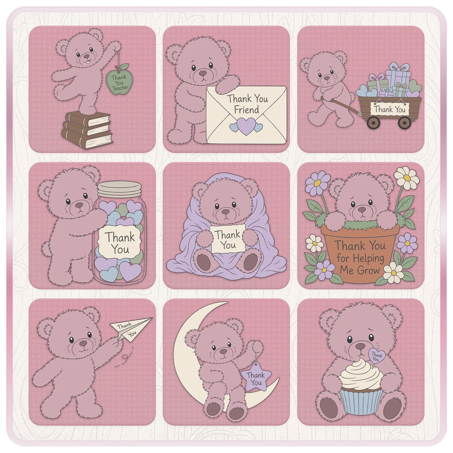 Pink thank you teddy bear SVG bundle including teacher appreciation, friendship envelope, thank you wagon, candy jar, blanket bear and cupcake clipart designs