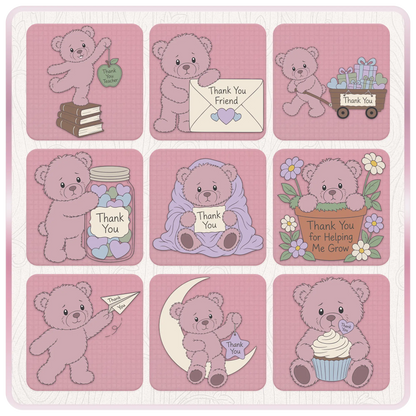 Pink thank you teddy bear SVG bundle including teacher appreciation, friendship envelope, thank you wagon, candy jar, blanket bear and cupcake clipart designs