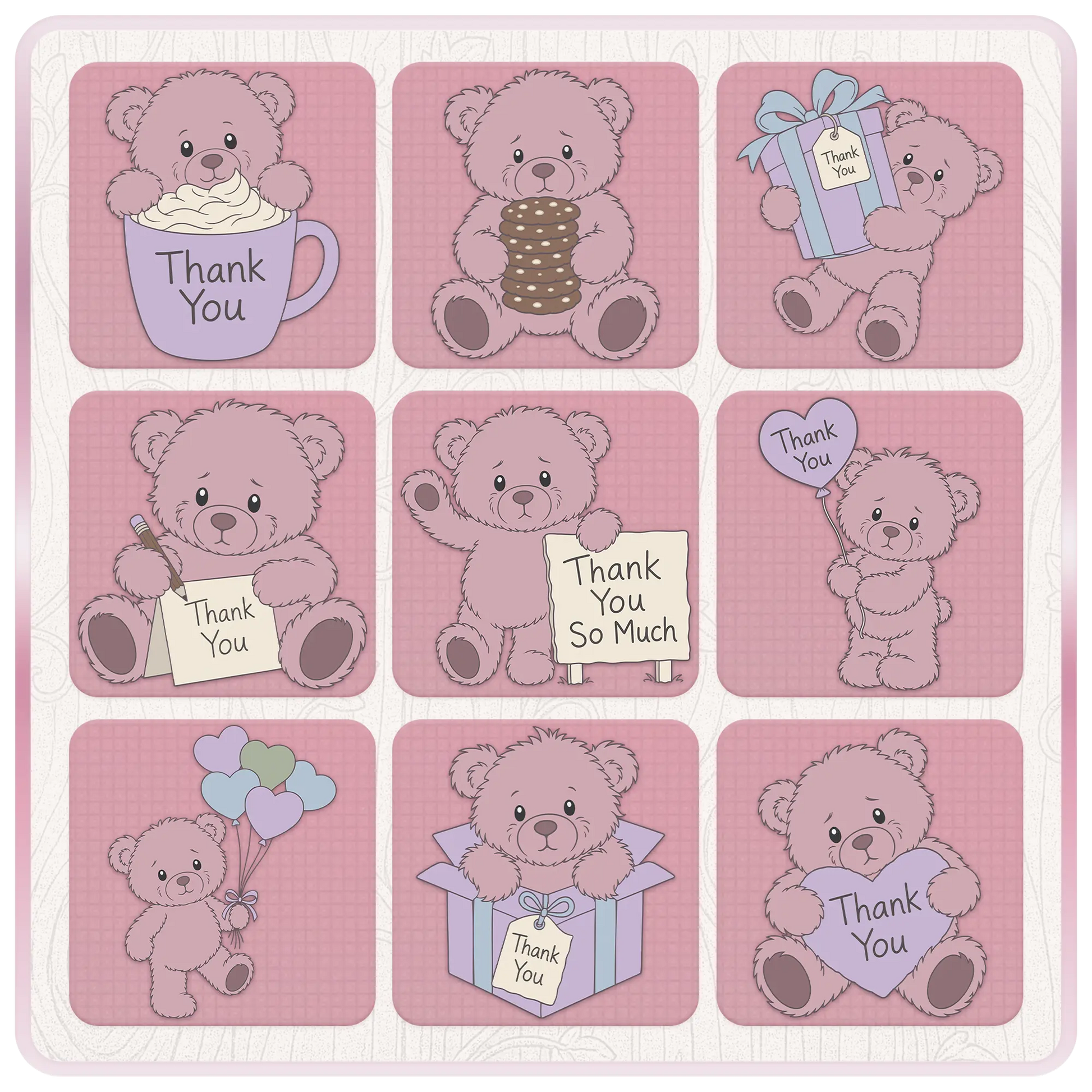 Pink teddy bear SVG collection featuring thank you mug, cookies, gift box, thank you signs, balloons, heart designs and appreciation themed clipart
