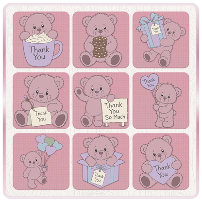 Pink teddy bear SVG collection featuring thank you mug, cookies, gift box, thank you signs, balloons, heart designs and appreciation themed clipart