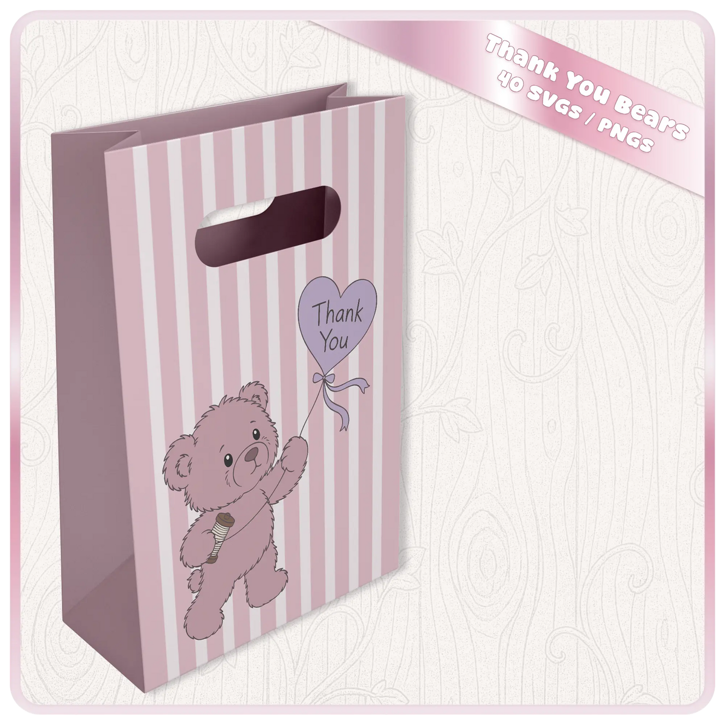 Pink thank you teddy bear SVG displayed on gift bag mockup for Cricut vinyl projects, personalised gifts and handmade thank you packaging