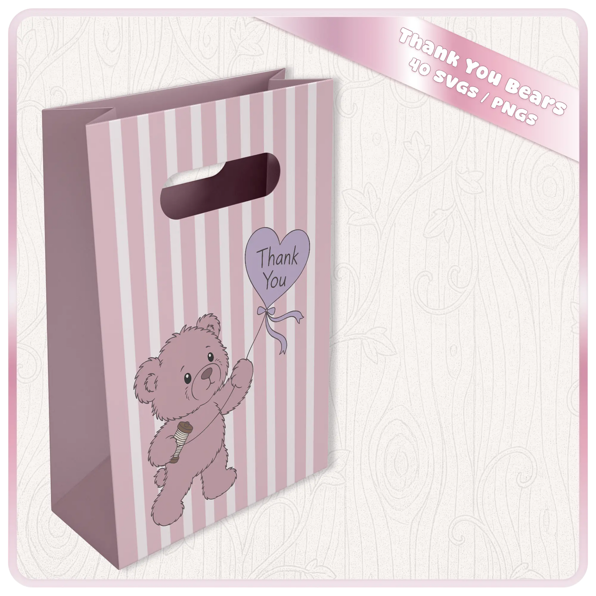 Pink thank you teddy bear SVG displayed on gift bag mockup for Cricut vinyl projects, personalised gifts and handmade thank you packaging