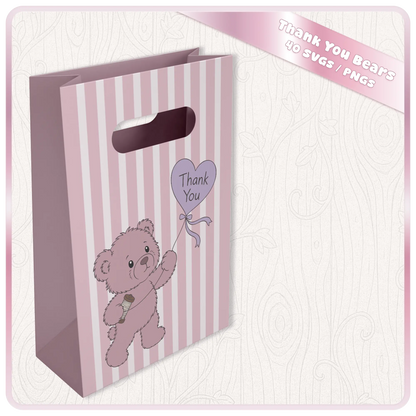 Pink thank you teddy bear SVG displayed on gift bag mockup for Cricut vinyl projects, personalised gifts and handmade thank you packaging