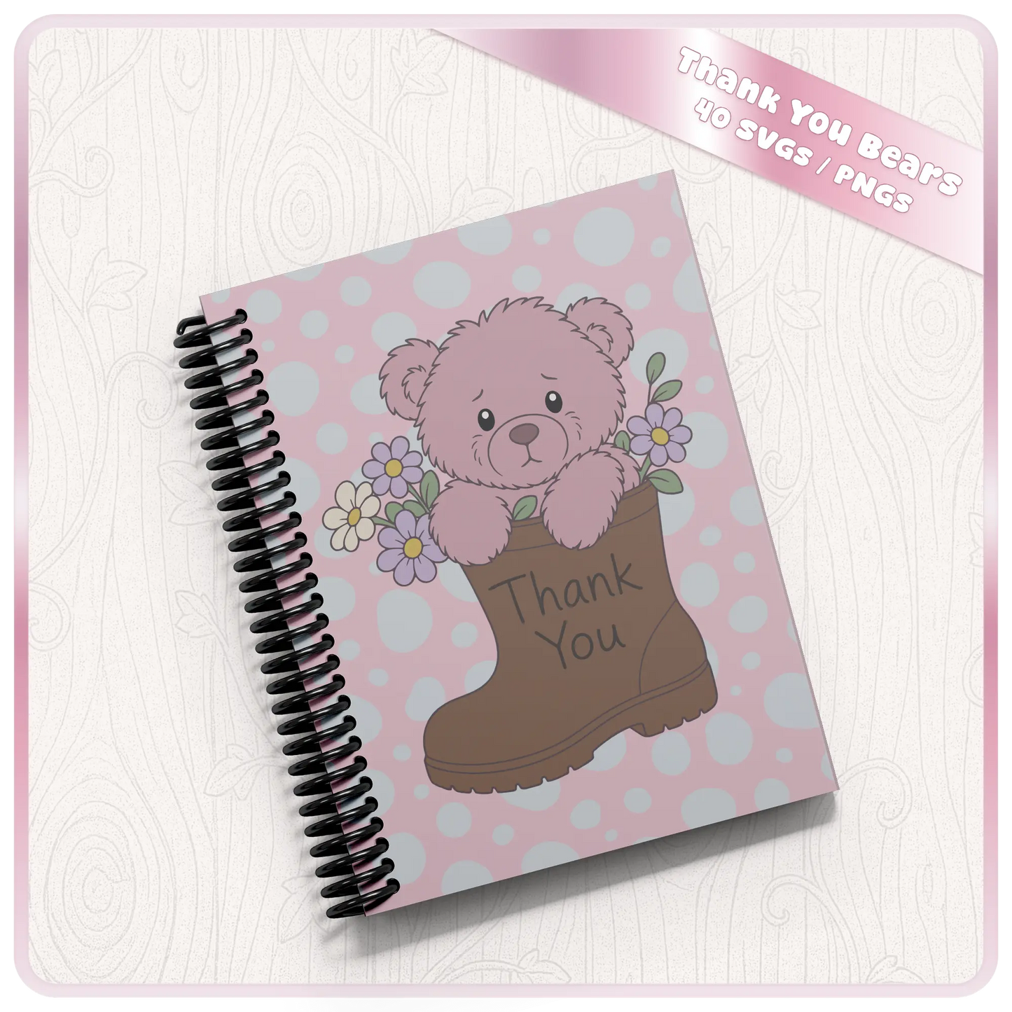 Pink teddy bear thank you SVG clipart shown on notebook cover mockup for journals, planners, teacher gifts and personalised stationery
