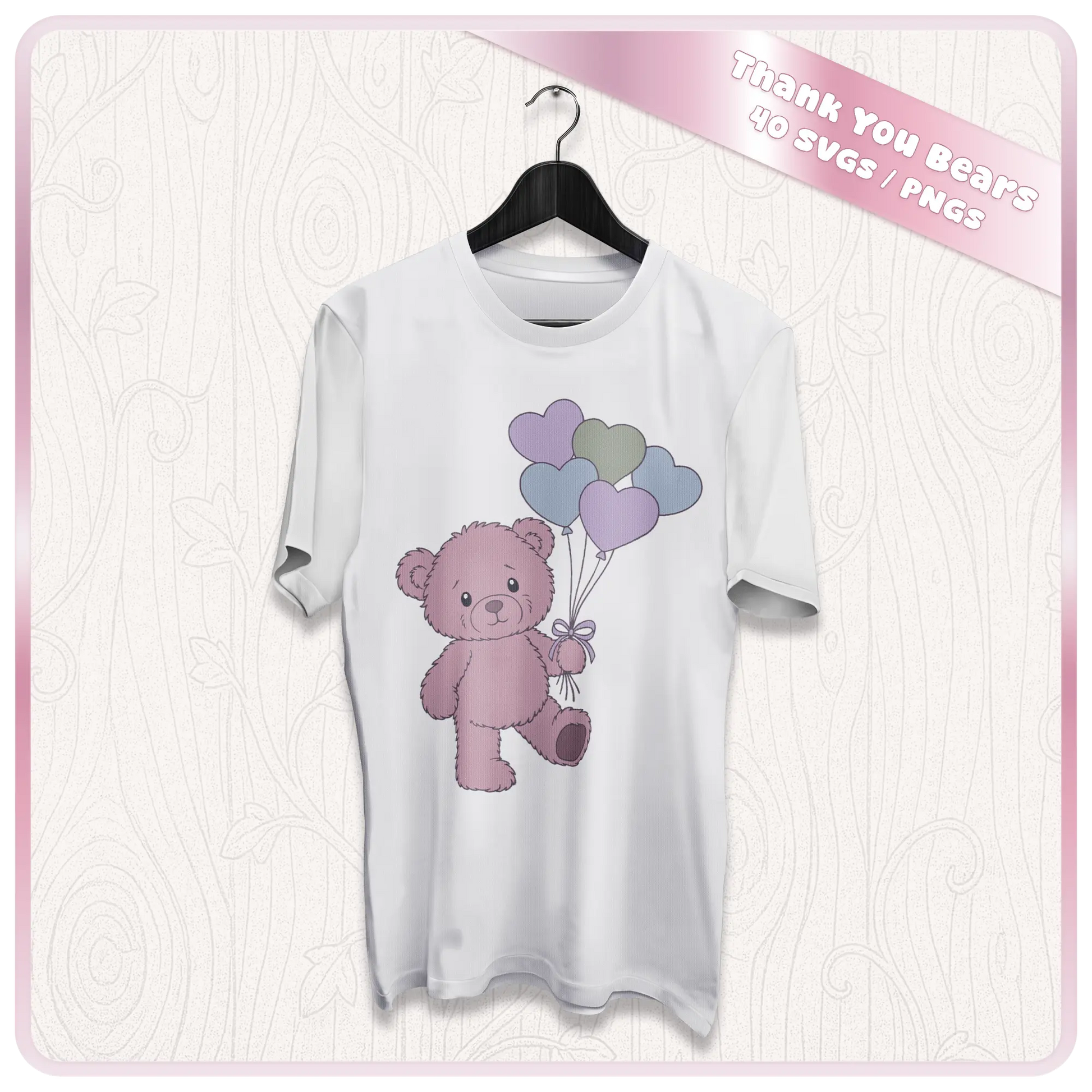 Pink teddy bear holding heart balloons SVG and PNG clipart displayed on t-shirt mockup for sublimation printing and custom apparel projects