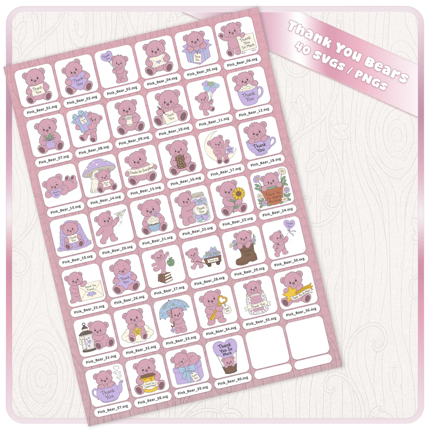 Complete Pink Thank You Teddy Bears SVG bundle preview showing all 40 individual teddy bear SVG and PNG clipart designs included in the download