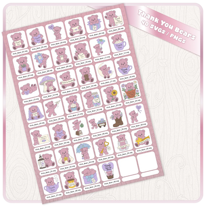 Complete Pink Thank You Teddy Bears SVG bundle preview showing all 40 individual teddy bear SVG and PNG clipart designs included in the download