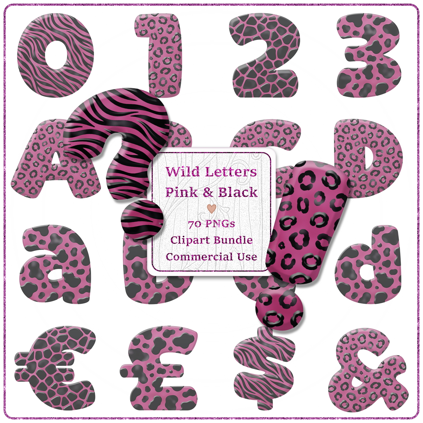 Pink Animal Print Letters & Numbers Clipart Bundle 70 PNGs