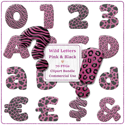 Pink Animal Print Letters & Numbers Clipart Bundle 70 PNGs
