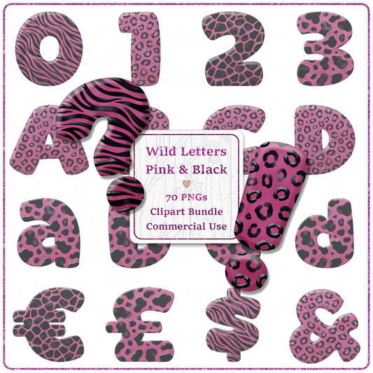 Pink Animal Print Letters & Numbers Clipart Bundle 70 PNGs